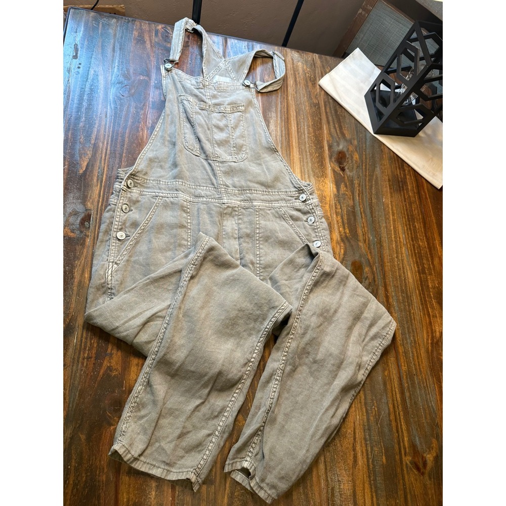 American Eagle Women Gray Linen Blend Relaxed Straight Leg Overalls Large L